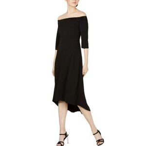 NEW Calvin‎ Klein Off-The-Shoulder High-Low Dress Black Beading Detail Size 4